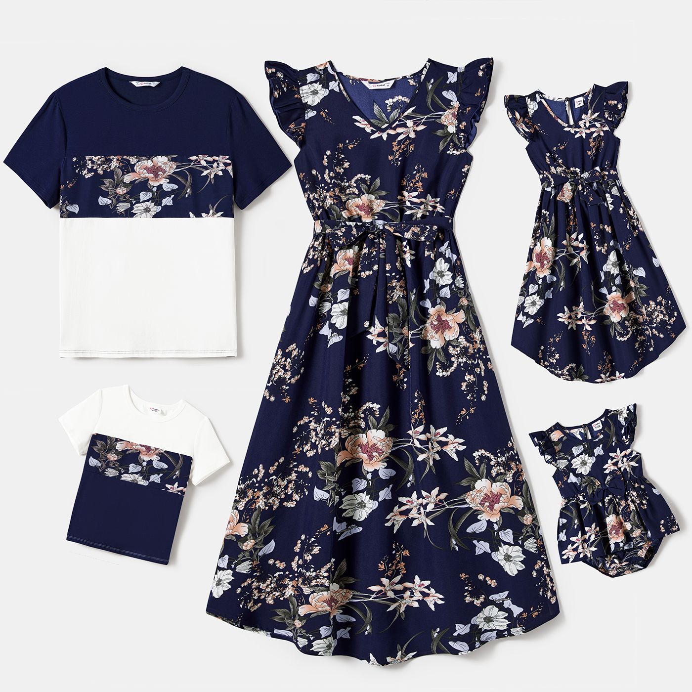Family Matching Floral Flutter Sleeves Dark Blue Dresses And Colorblock Tops Sets