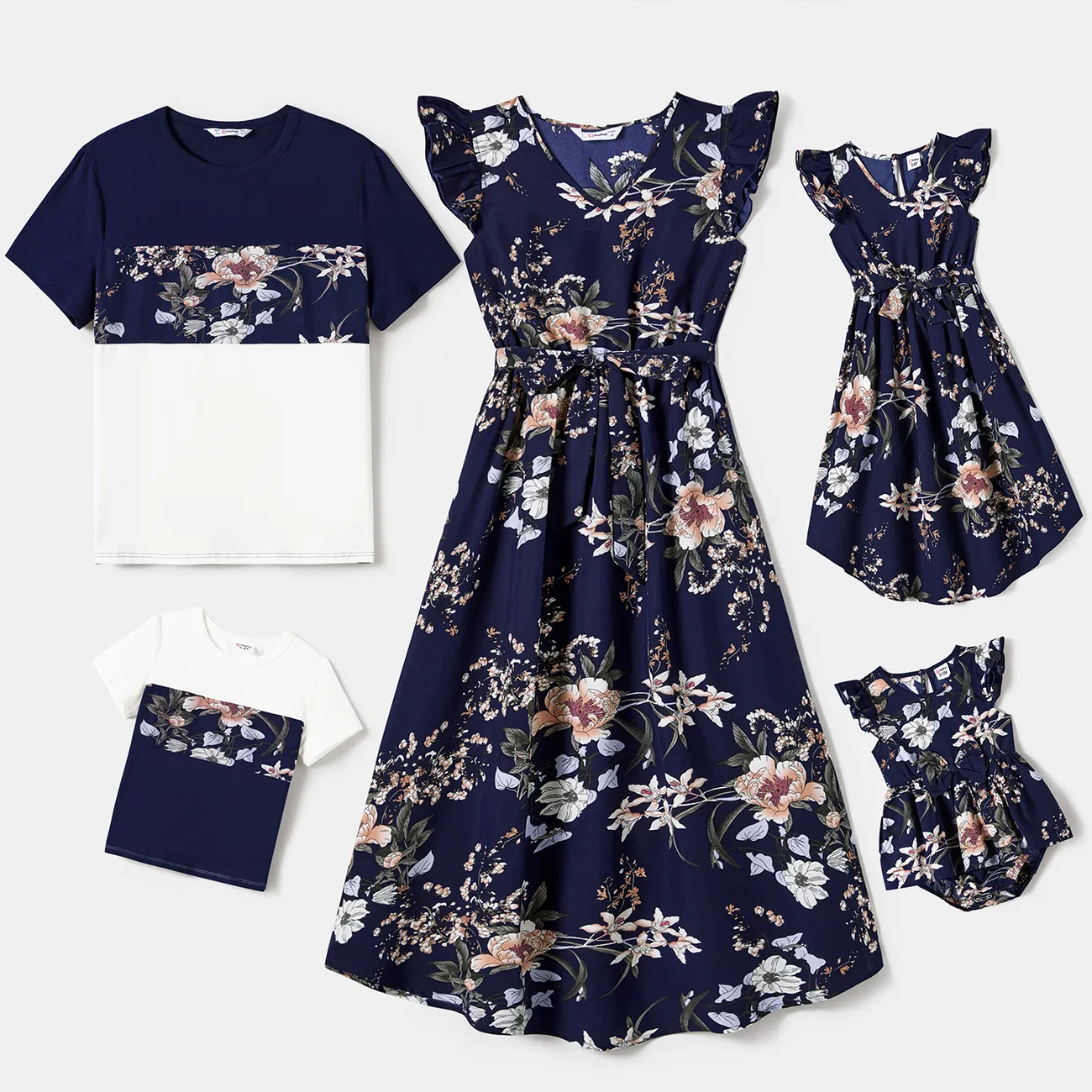Family Matching Floral Flutter Sleeves Dark Blue Dresses and Colorblock Tops Sets Deep Blue big image 1
