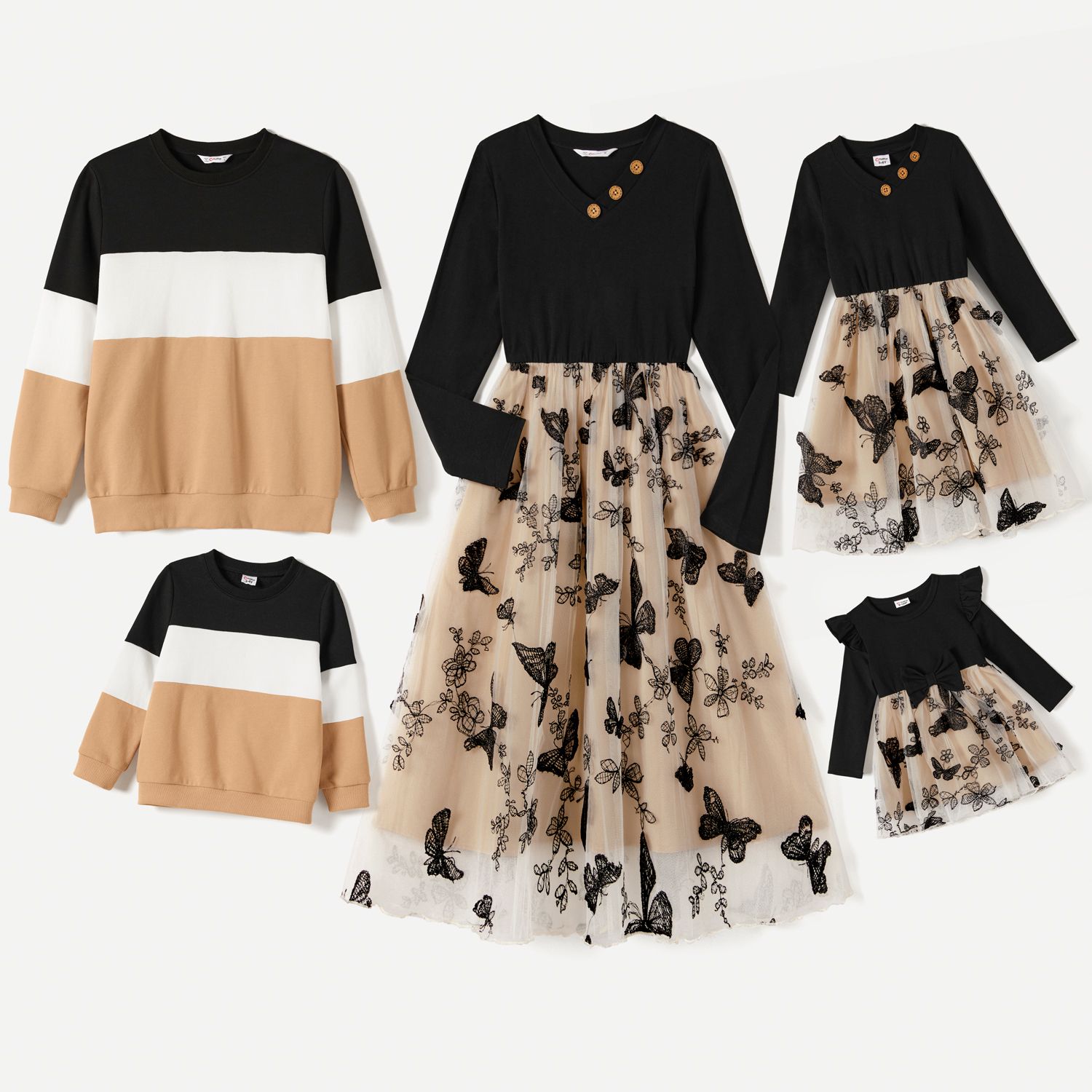 Family Matching Colorblock Long-sleeve Tops And Embroidered Butterfly Mesh Splicing Dresses Sets