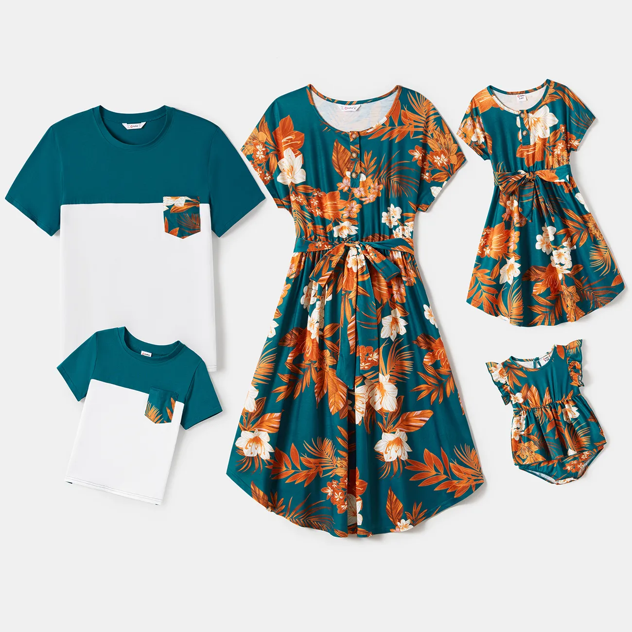 Family Matching Allover Floral Print  Dresses and Short-sleeve Spliced T-shirts Sets Green big image 1