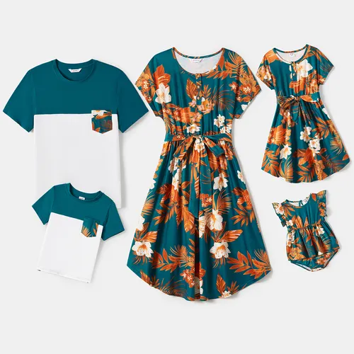 Family Matching Allover Floral Print  Dresses and Short-sleeve Spliced T-shirts Sets