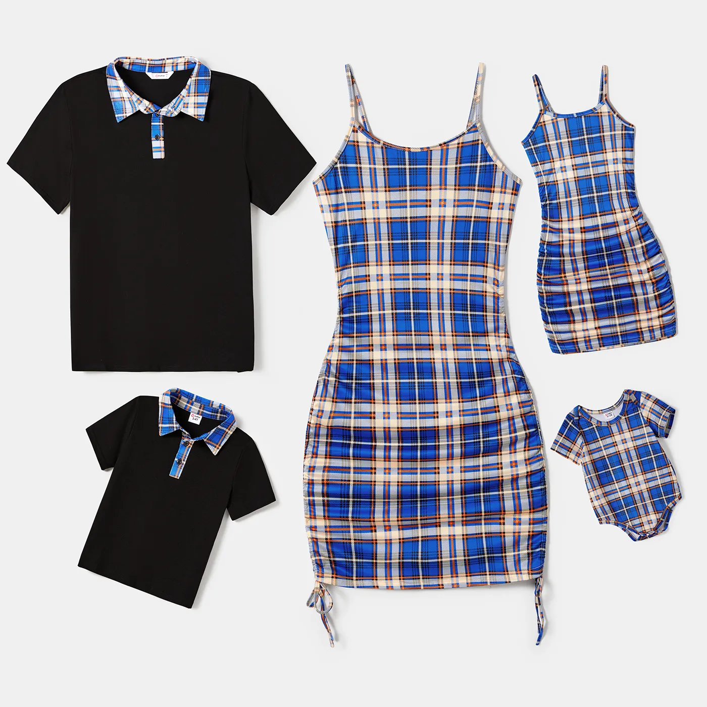 Family Matching Allover Plaid Print Drawstring Ruched Bodycon Cami Dresses and Short-sleeve Plaid T-shirts Sets							 MultiColour image 2