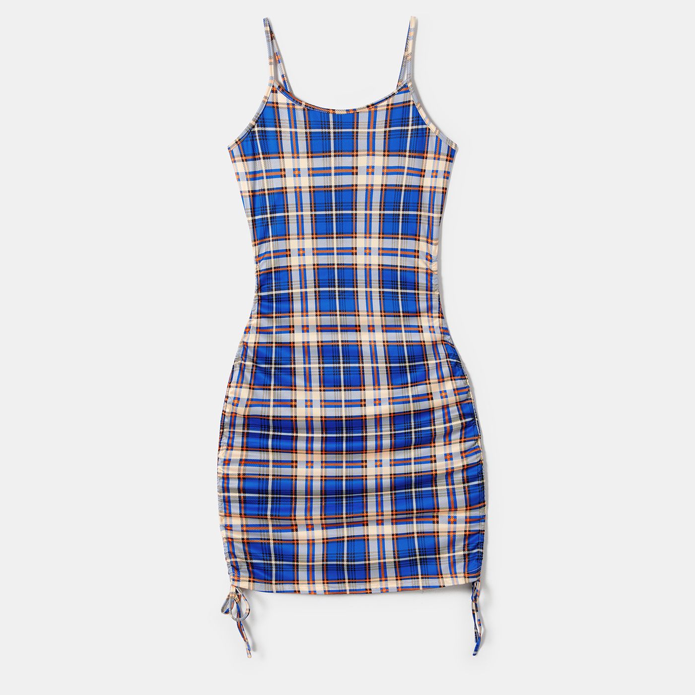 Family Matching Allover Plaid Print Drawstring Ruched Bodycon Cami Dresses and Short-sleeve Plaid T-