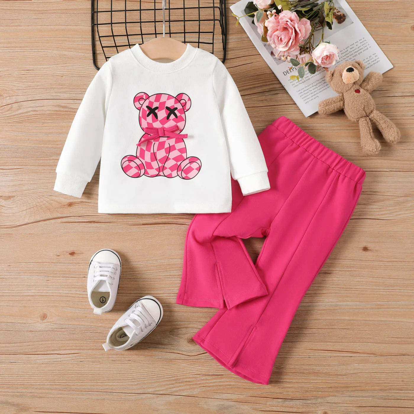 2PCS Baby Girl Cute Hyper-Tactile Bear Sets Hot Pink big image 1