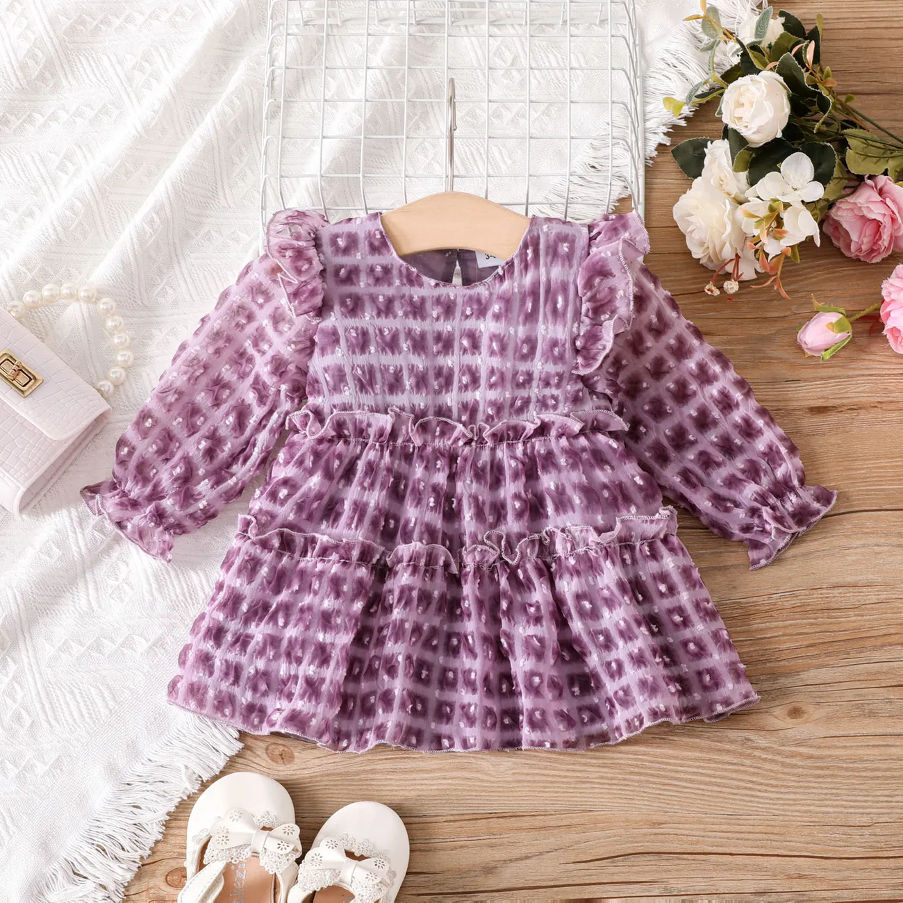 Baby Girl Sweet Solid Color Long Sleeve Dress big image 1