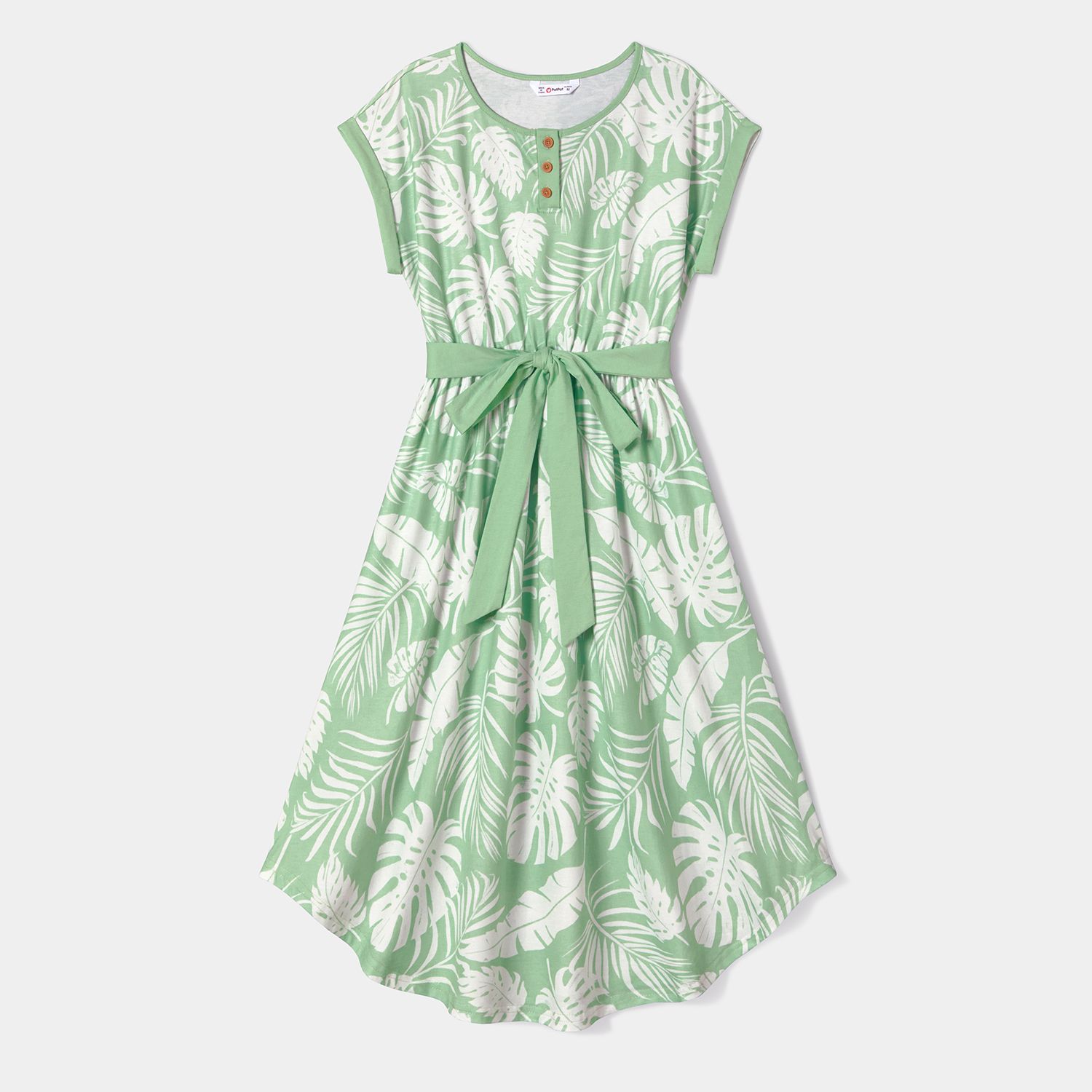 Family Matching Allover Plant Print Curved Hem Belted Dresses And Short-sleeve T-shirts Sets