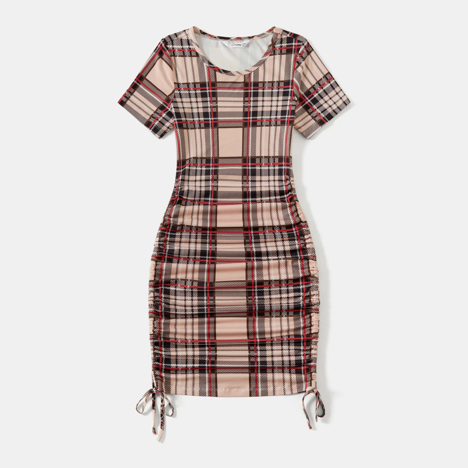 

Family Matching Plaid Drawstring Ruched Bodycon Cami Dresses and Short-sleeve Spliced T-shirts Sets