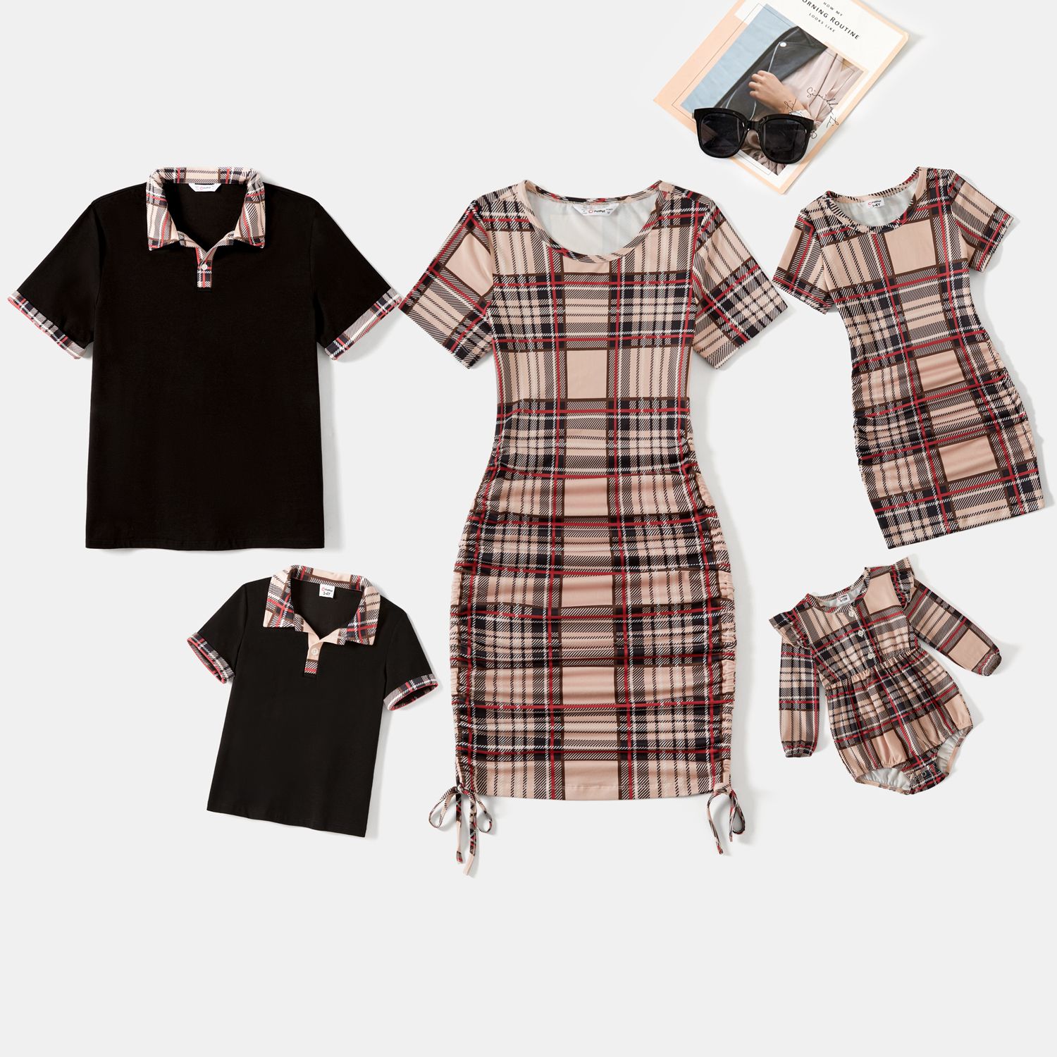 Family Matching Plaid Drawstring Ruched Bodycon Cami Dresses And Short-sleeve Spliced T-shirts Sets