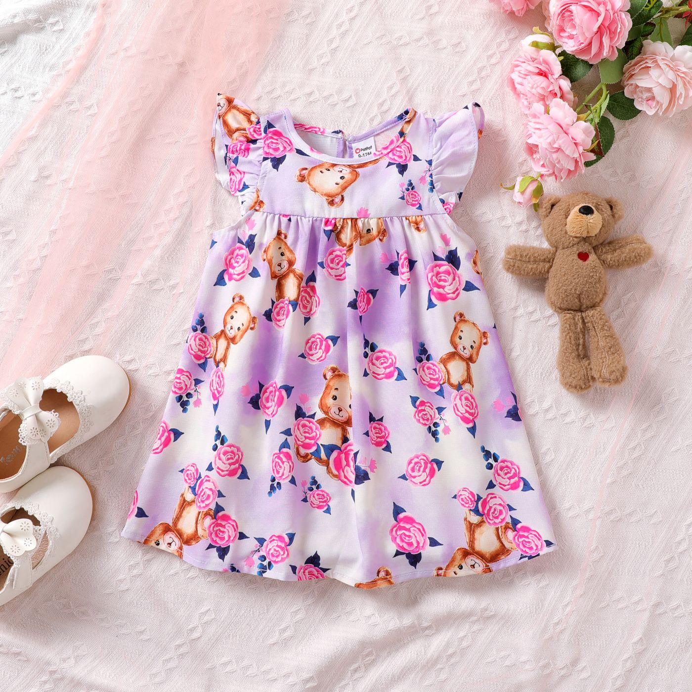 Baby Girl Floral & Bear Print Flutter-sleeve Dress