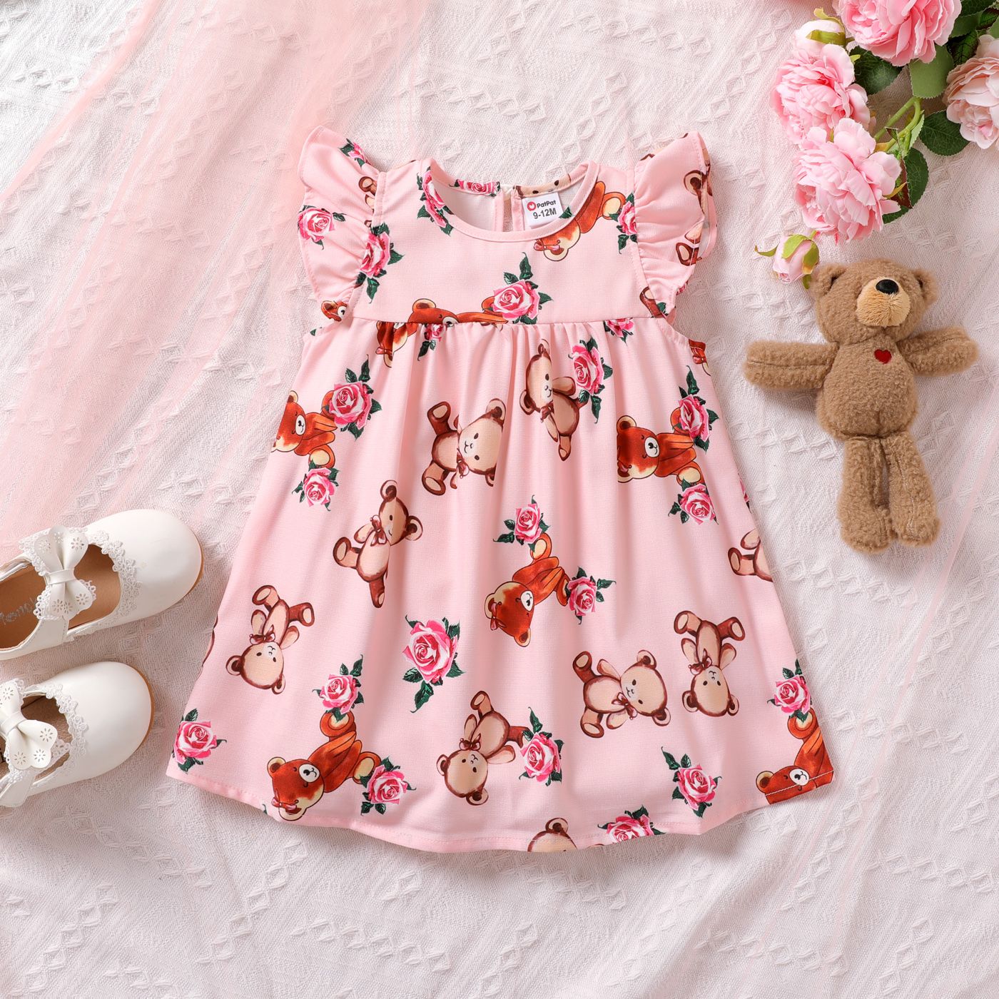 Baby Girl Floral & Bear Print Flutter-sleeve Dress