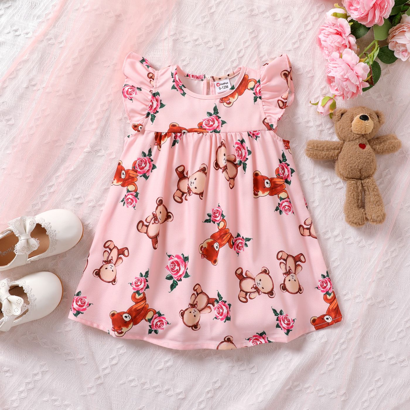 

Baby Girl Floral & Bear Print Flutter-sleeve Dress