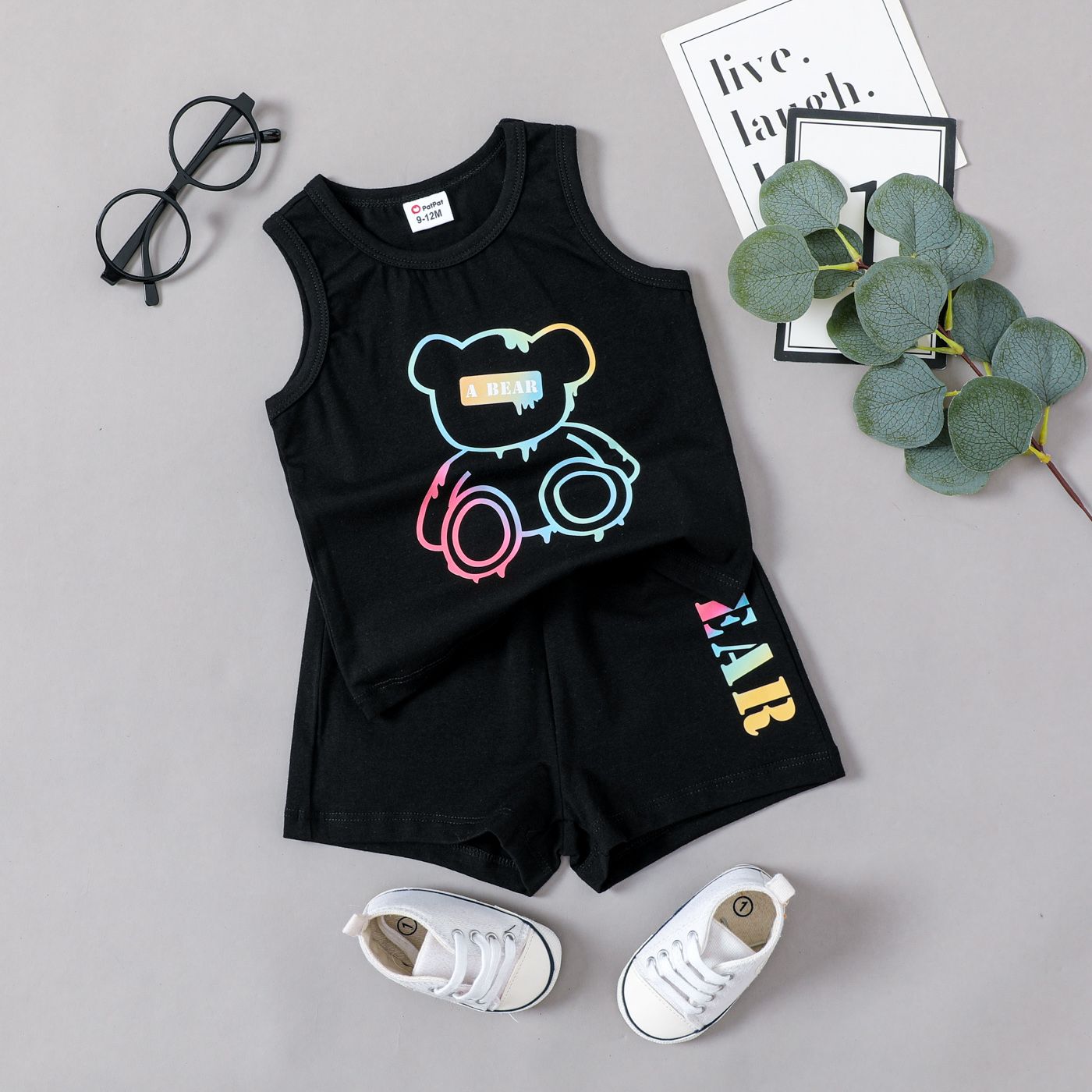 

2pcs Baby Girl/Boy Colorful Bear Print Black Tank Top and Letter Print Shorts Set