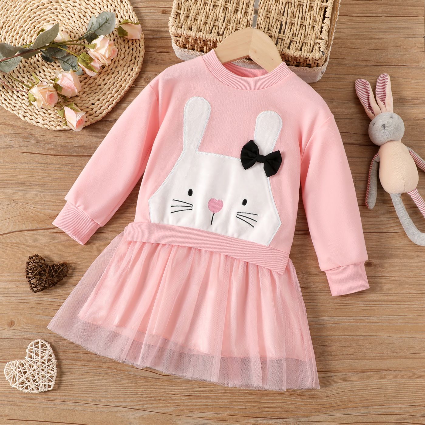 Toddler Girl Rabbit Pattern Fabric Stitching Mesh Dress