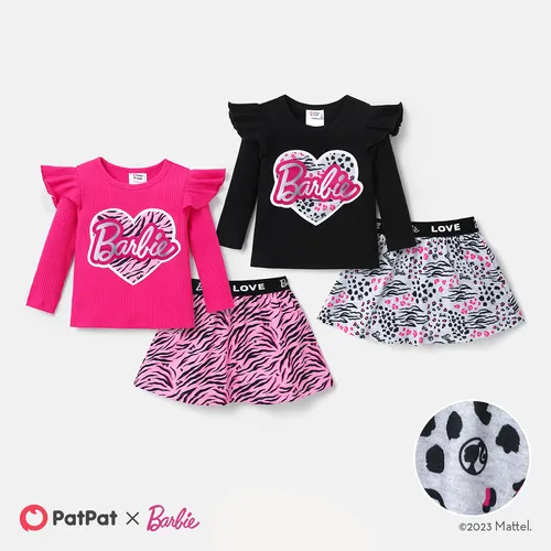 Barbie Baby Girl 2pcs Naia™ Leopard Heart Letter Print Ruffled Long-sleeve Top and Leopard Skirt Set 