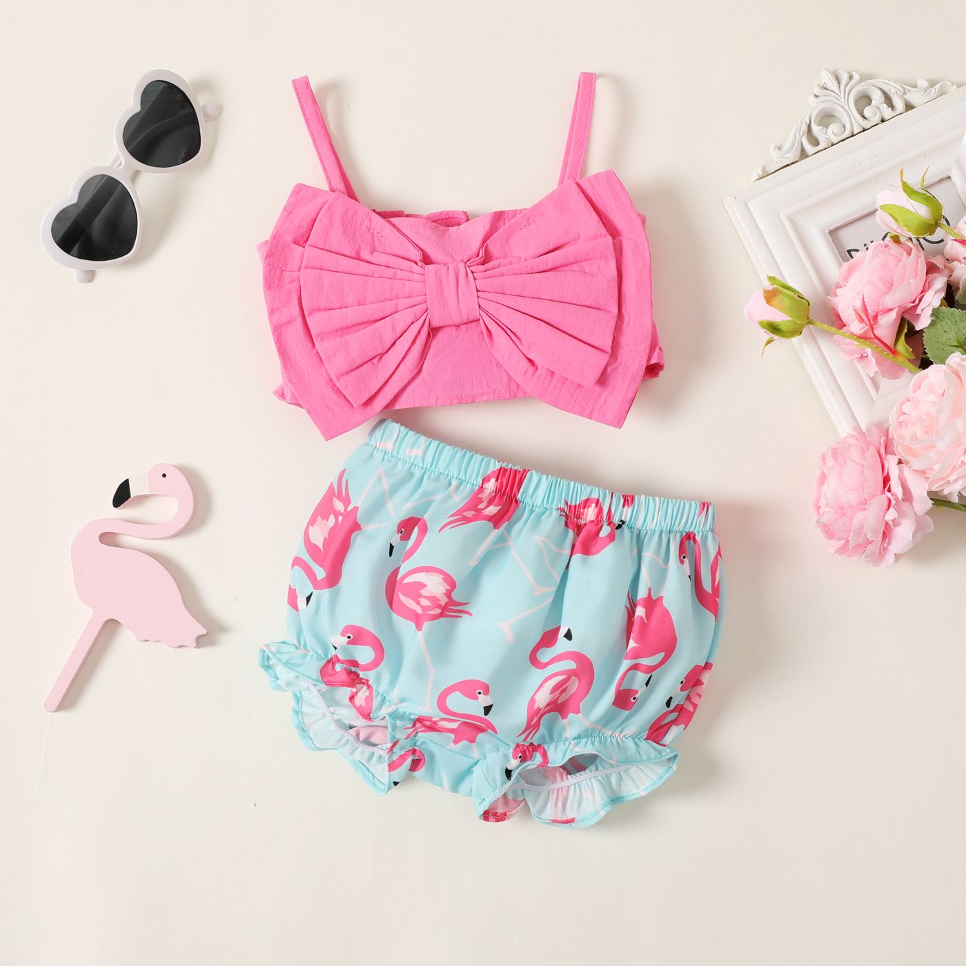 2pcs Baby Girl 100% Cotton Bow Front Cami Top Et Flamingo Print Shorts Set