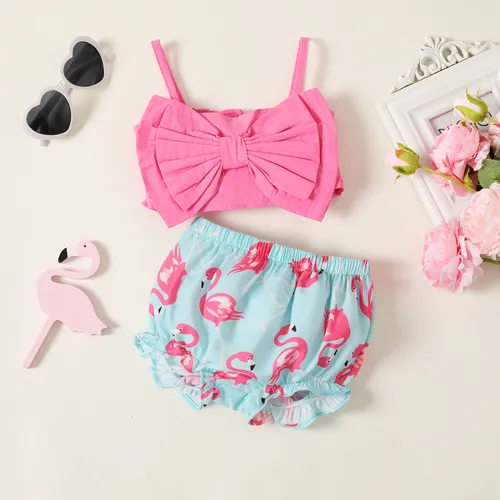 2pcs Baby Girl 100% Cotton Bow Front Cami Top and Flamingo Print Shorts Set 