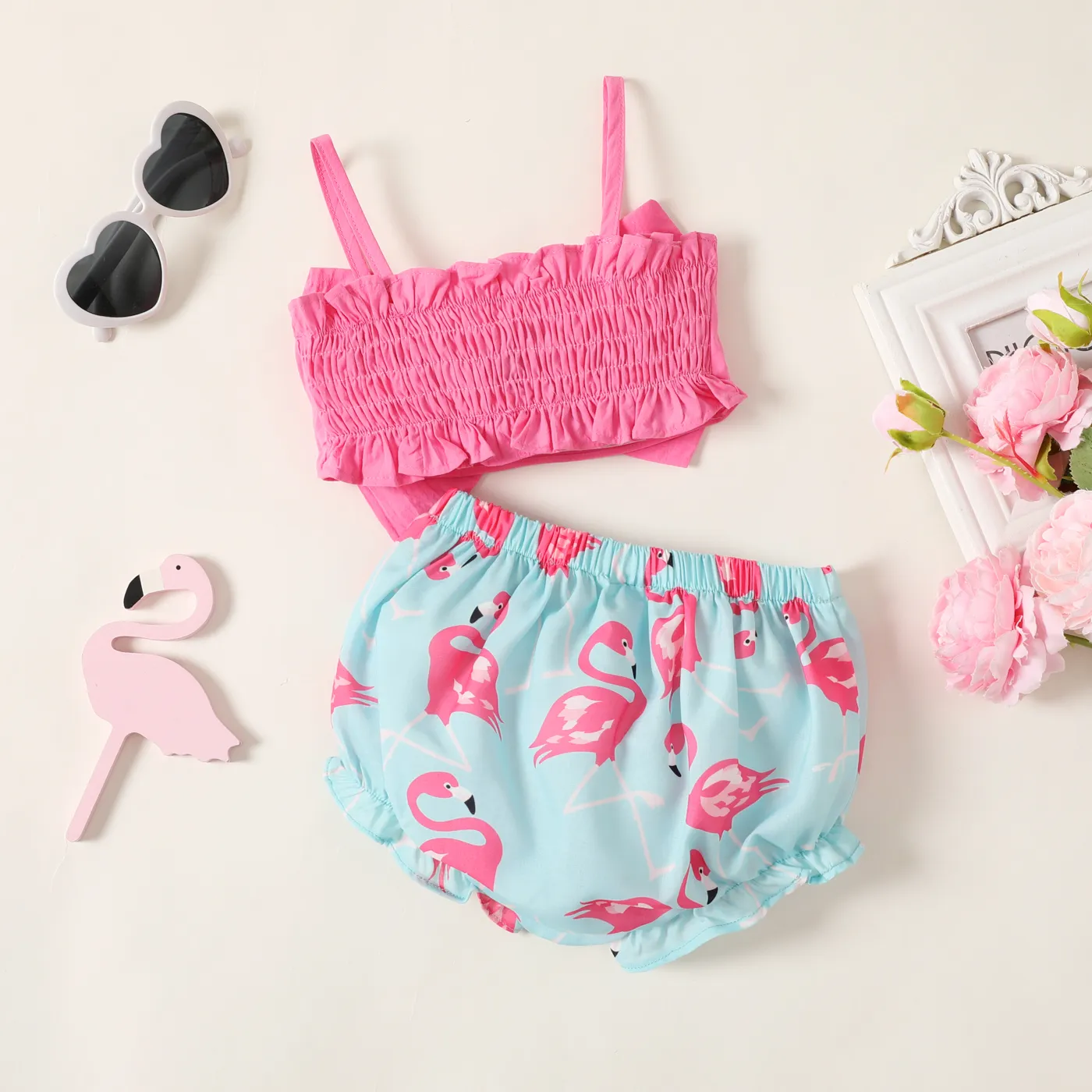 2 unidades Bebé Menina Hipertátil/3D Flamingo Bonito Manga cava Conjunto para bebé  image 2