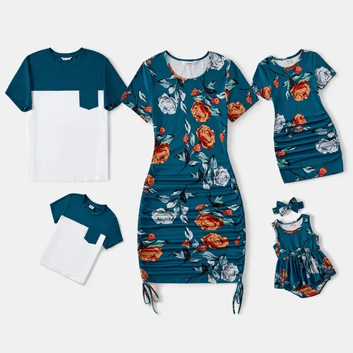 Family Matching Colorblock Short-sleeve Top and Allover Floral Print Drawstring Ruched Side Bodycon Dresses Sets