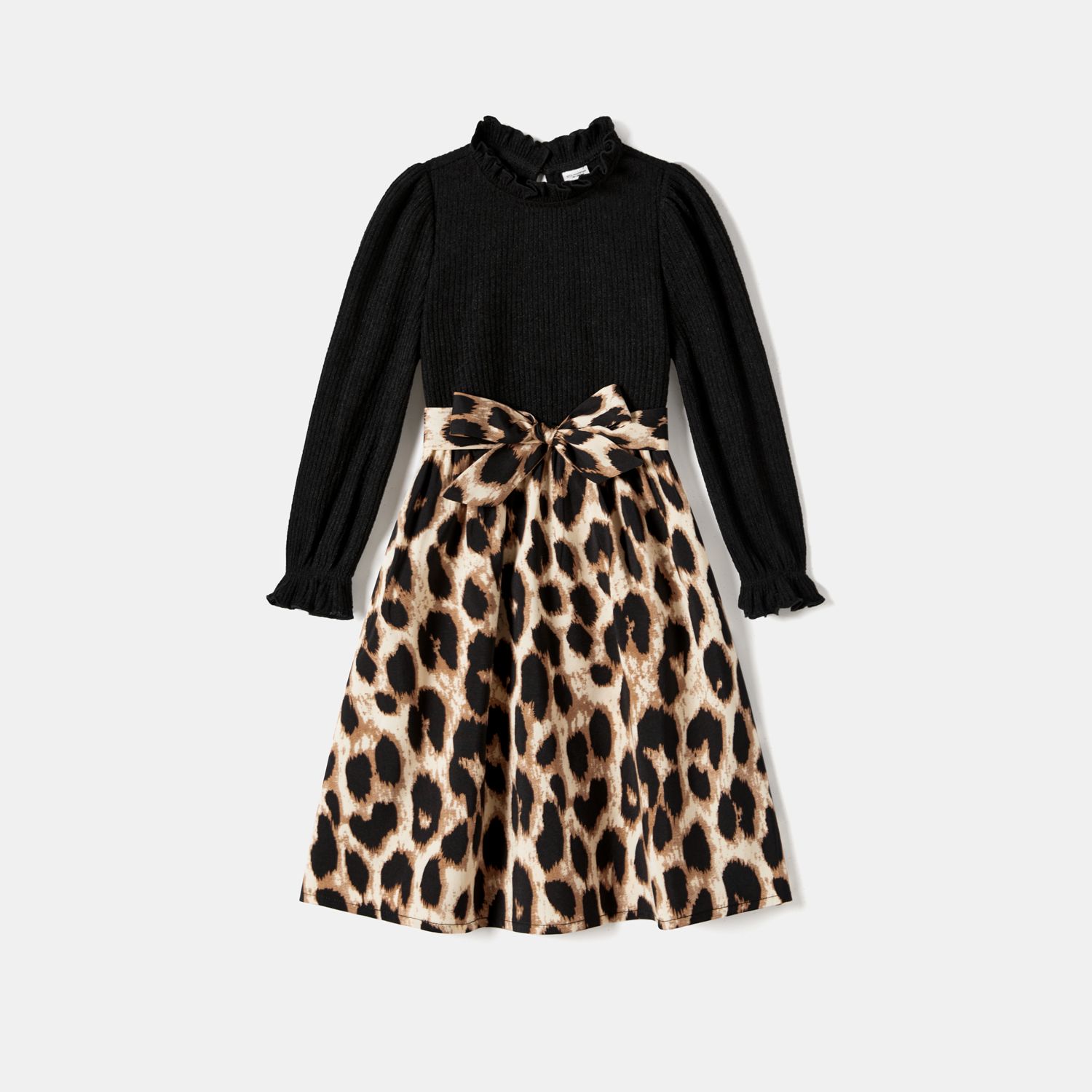 Family Matching Long-sleeve Shirts And Rib Knit Spliced Leopard Belted Dresses Sets
