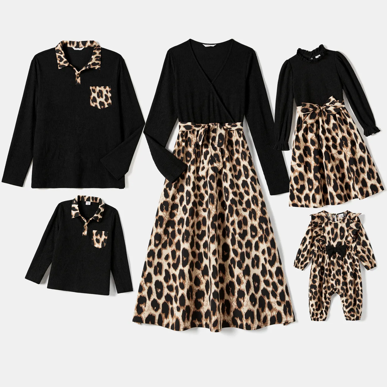 Family Matching Long-sleeve Shirts and Rib Knit Spliced Leopard Belted Dresses Sets Black big image 1