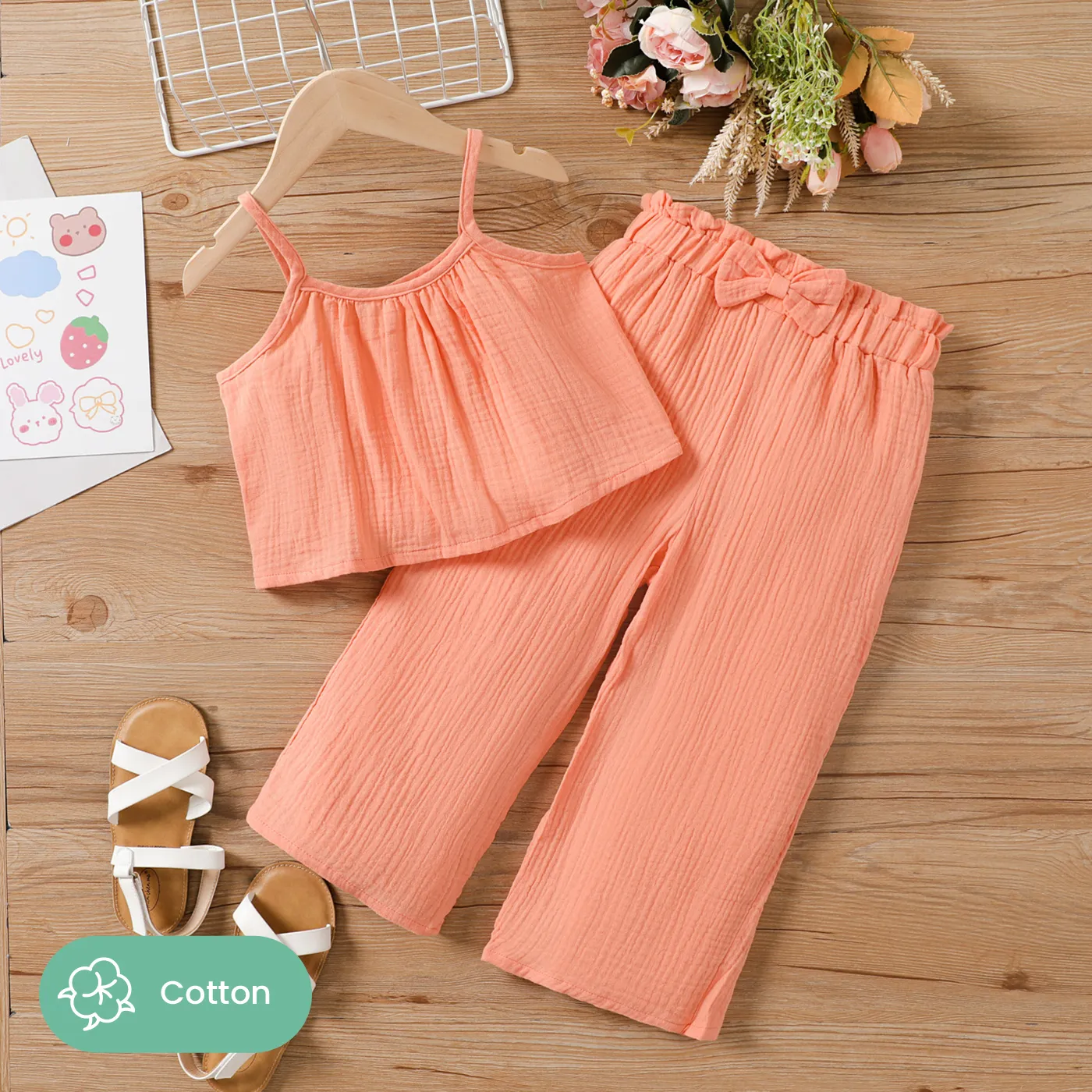 2pcs Kid Girl 100% Cotton Solid Cami Top and Pants Set