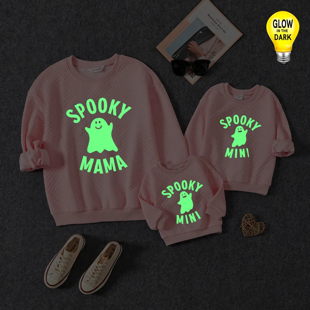 Halloween Family Matching Glow in the Dark Pink Letter & Ghost Print Tops big image 3