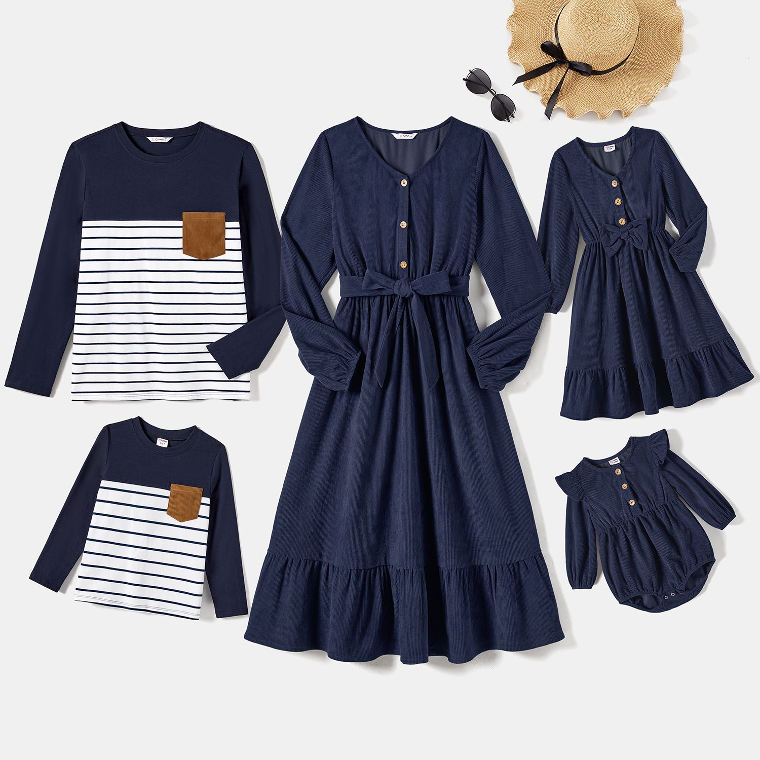 Family Matching Cotton Ribbed Long-sleeve Colorblock Dresses And Striped Tops Sets