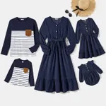 Family Matching Cotton Ribbed Long-sleeve Colorblock Dresses and Striped Tops Sets  image 2