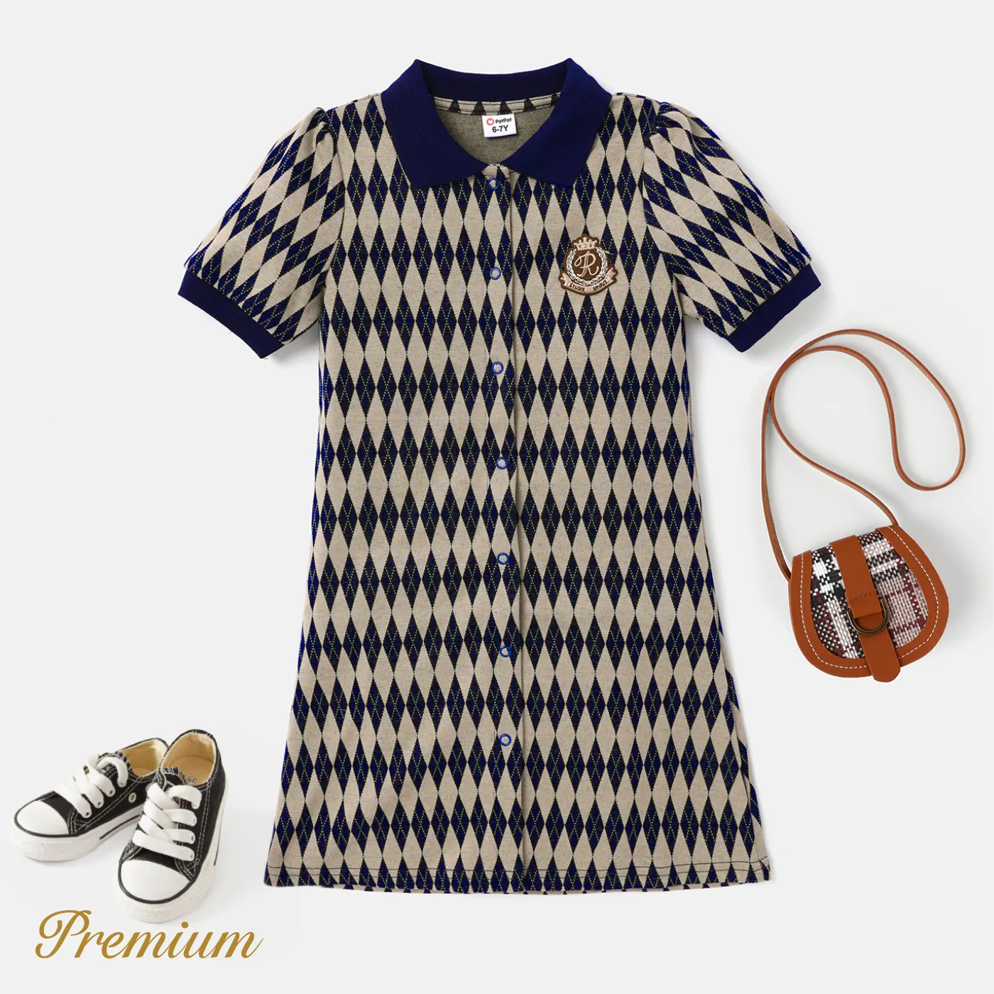 Medium Thick Polyester Spandex Girl's Grid Lapel Dress Set  image 3