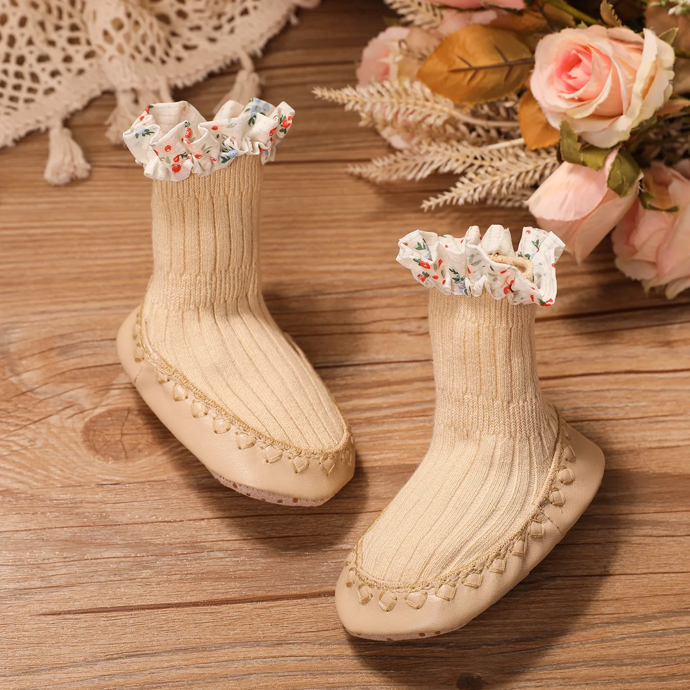 Baby Floral Graphic Ruffle Floor Socks Yellow