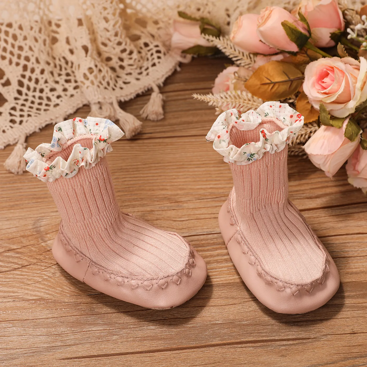 Baby Floral Graphic Ruffle Floor Socks Pink image 2