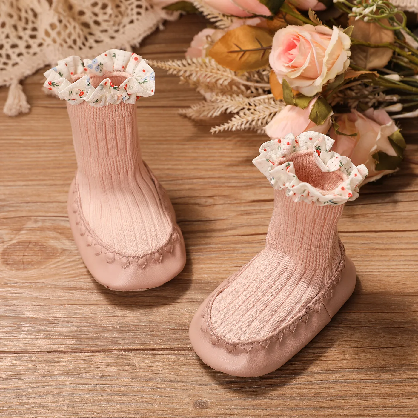 Baby Floral Graphic Ruffle Floor Socks Pink big image 1