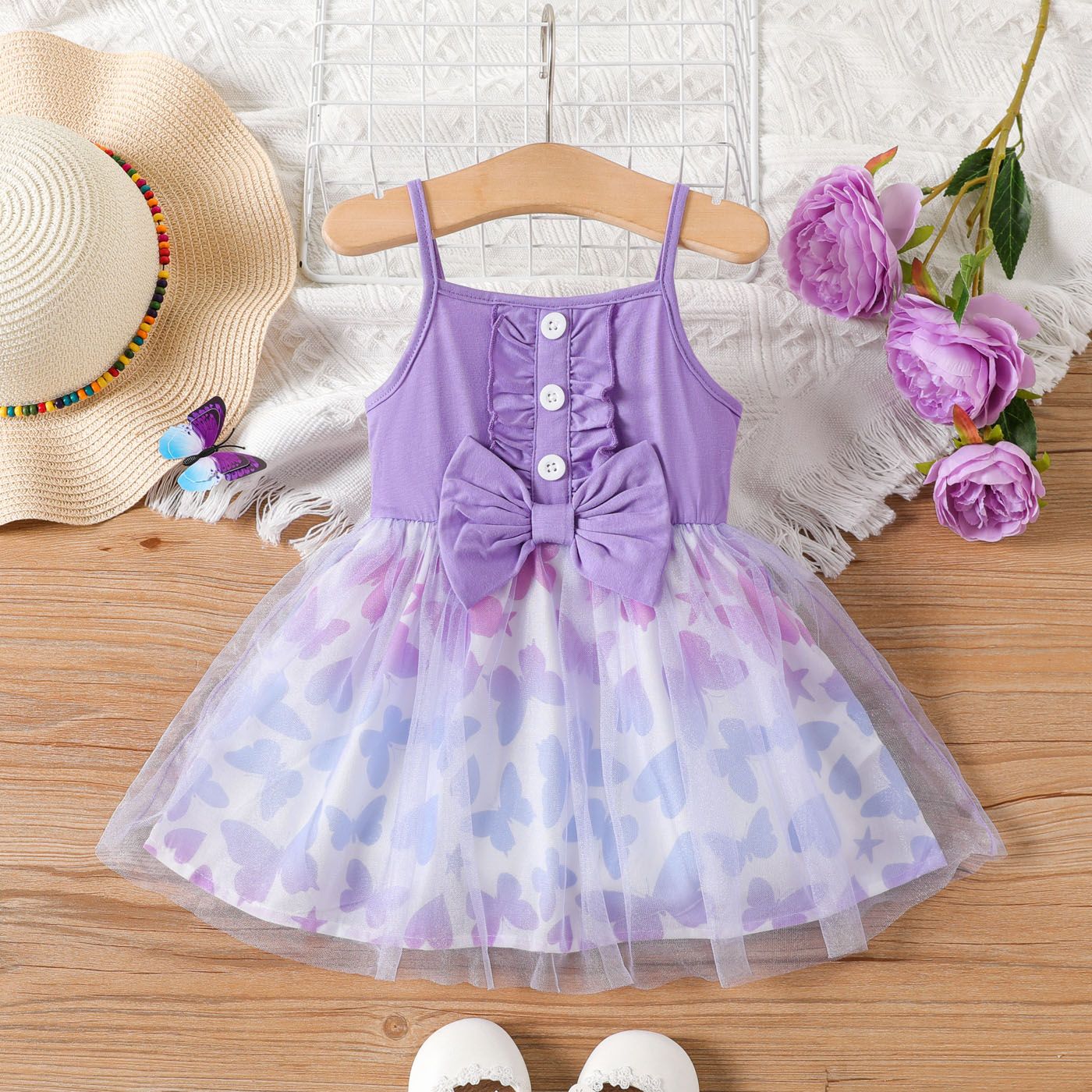 Baby Girl Bow Decor Butterfly Pattern Mesh Panel Ruffled Cami Dress