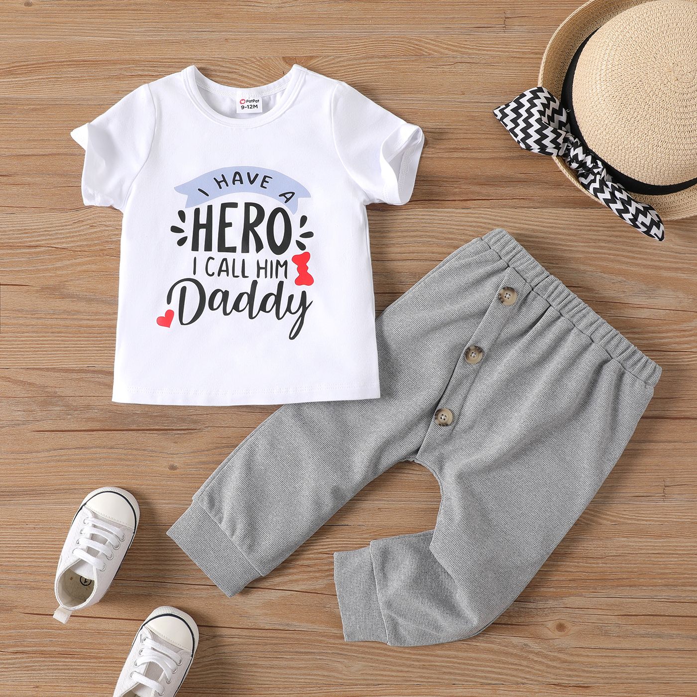 

2pcs Baby Boy Letter Print Short-sleeve Tee and Oblique Button Up Pants Set