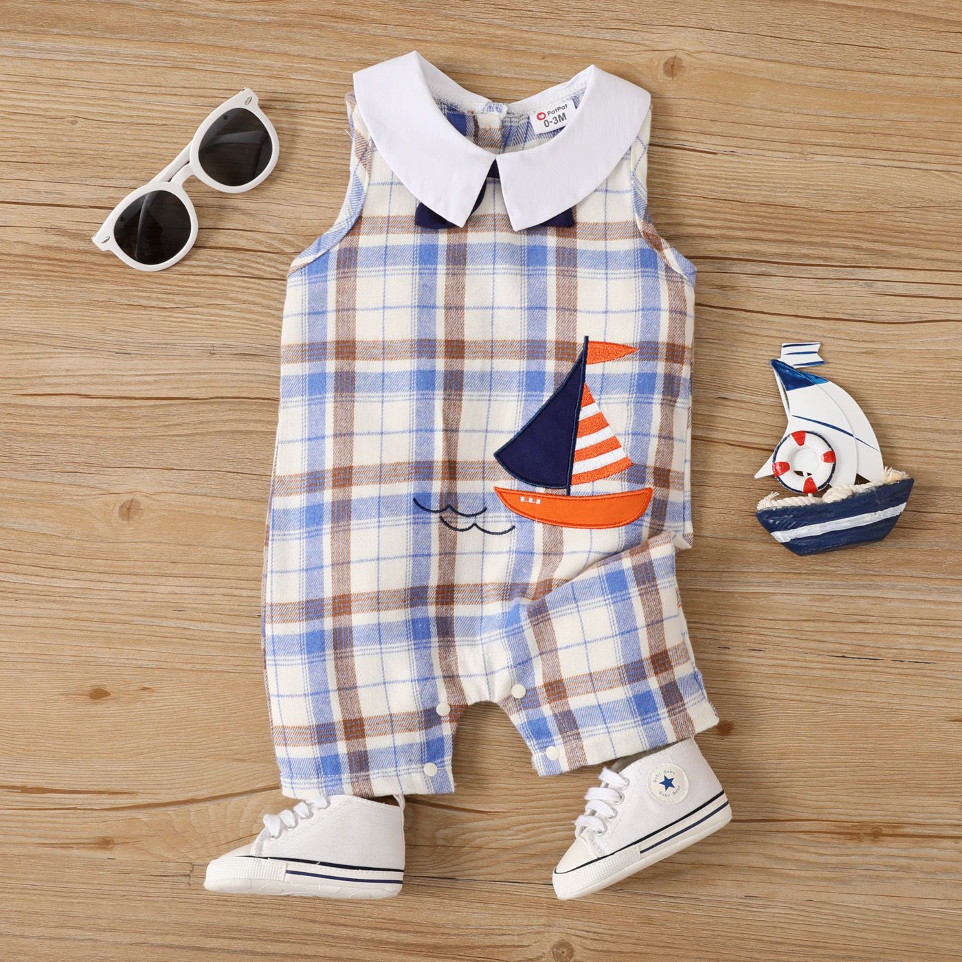 Baby Boy Buttons Sailboat Embroidery Plaid Bow Tie Bodysuit