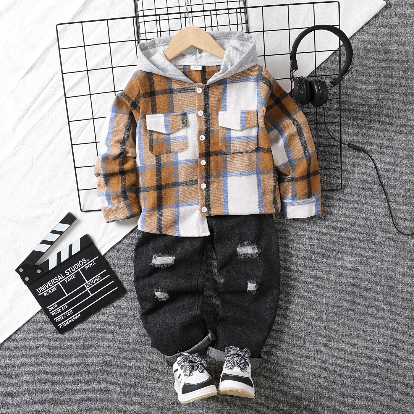 2pcs Kid Boy Denim Classic Plaid Hooded Set