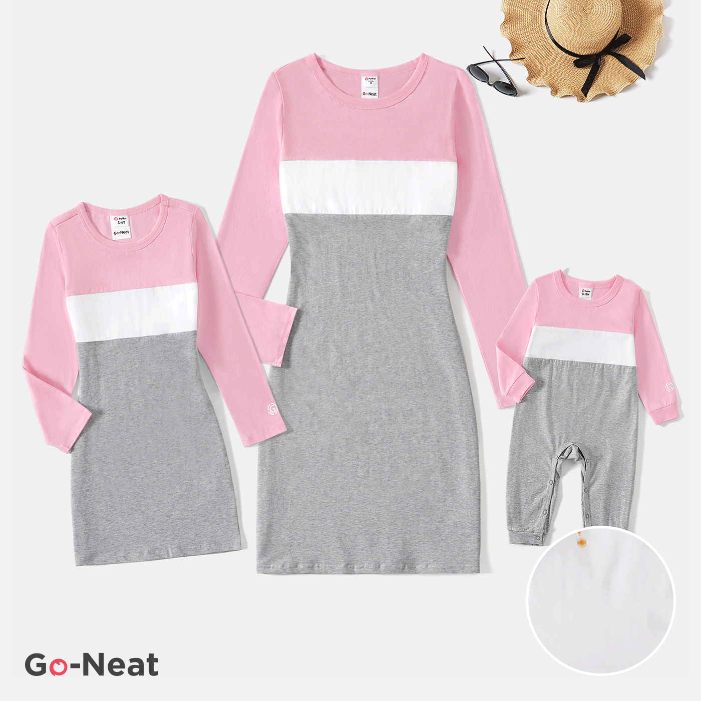 Go-Neat Family Matching Colorblock Round Neck Dresses And Jumpsuit Sets