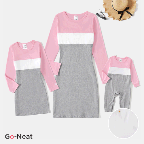 Go-Neat Family Matching Colorblock Round Neck Dresses and Jumpsuit Sets