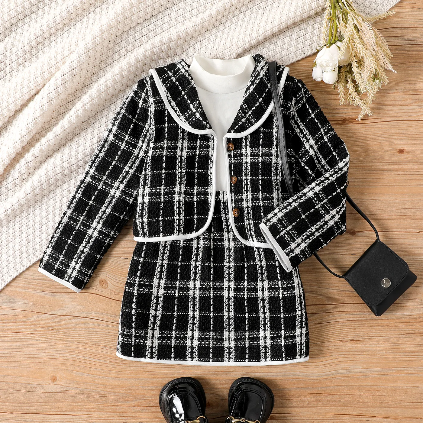 2PCS Kid Girl Lapel Design Classic Grid Skirt Set 