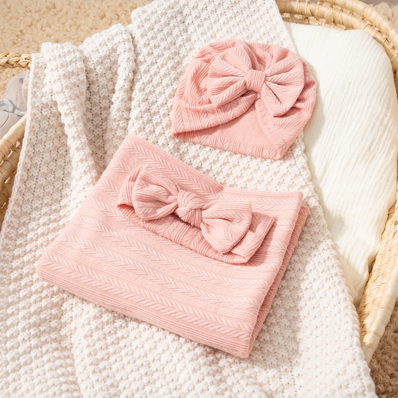 3 pcs Cotton Baby Swaddle Blanket Set with Unique Texture Patterns Pink image 3
