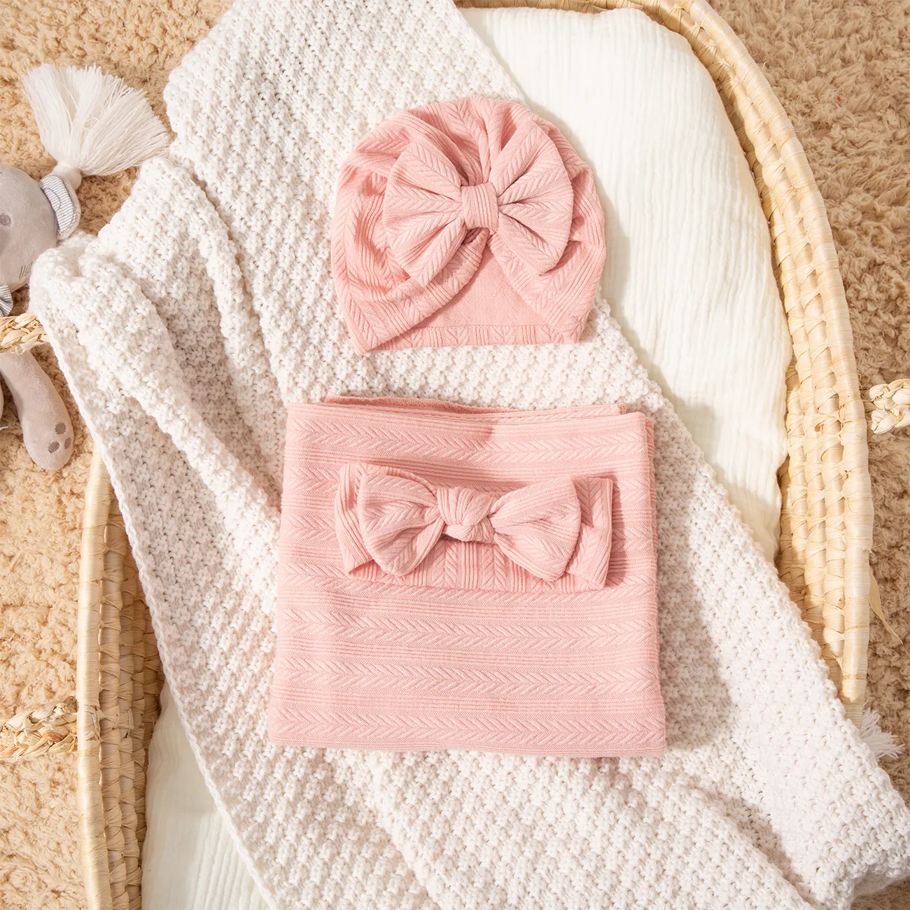 3 pcs Cotton Baby Swaddle Blanket Set with Unique Texture Patterns Pink big image 1