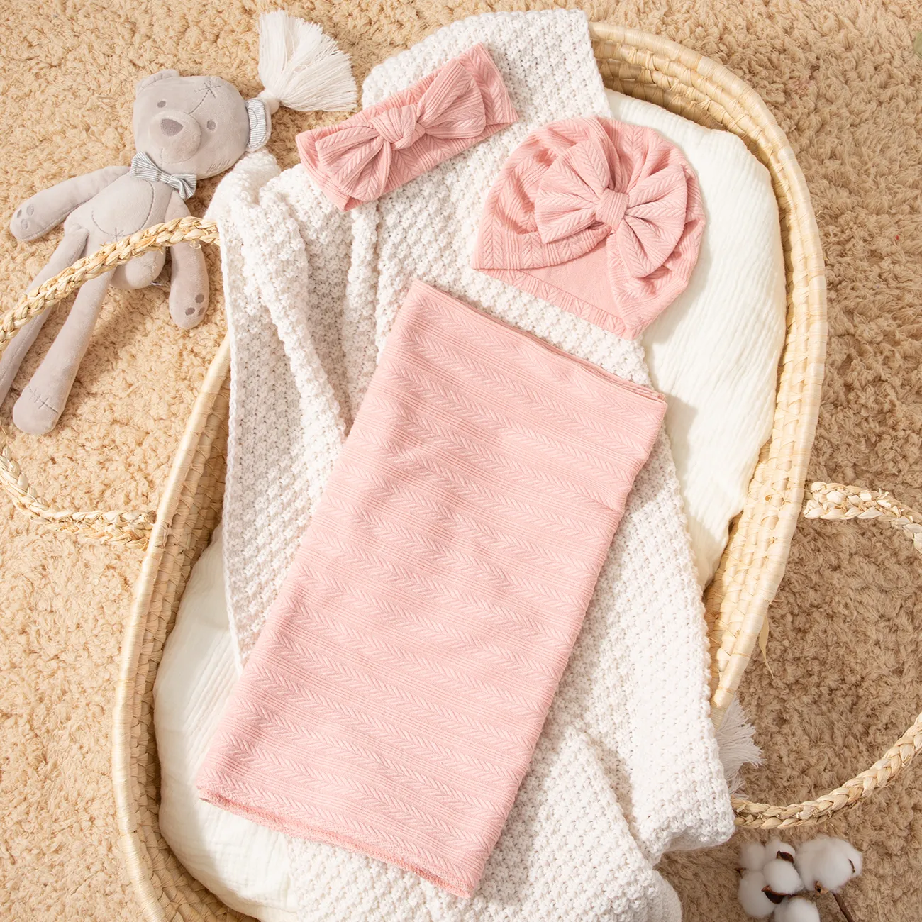 3 pcs Cotton Baby Swaddle Blanket Set with Unique Texture Patterns Pink image 4