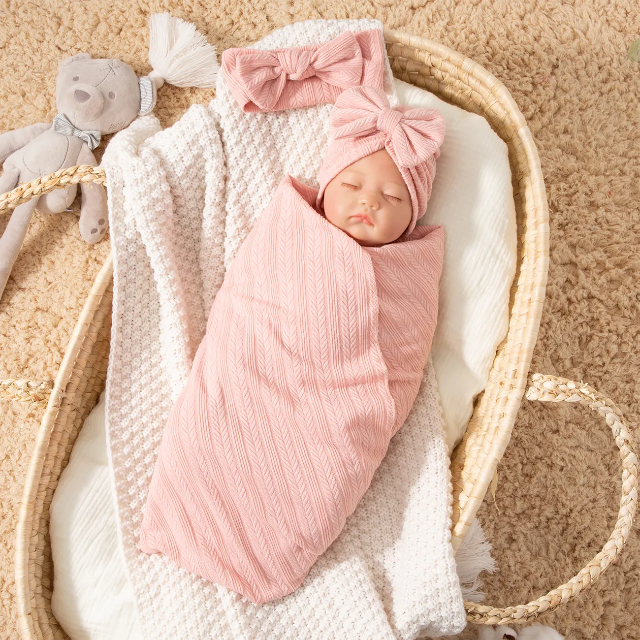 3 pcs Cotton Baby Swaddle Blanket Set with Unique Texture Patterns Pink image 2