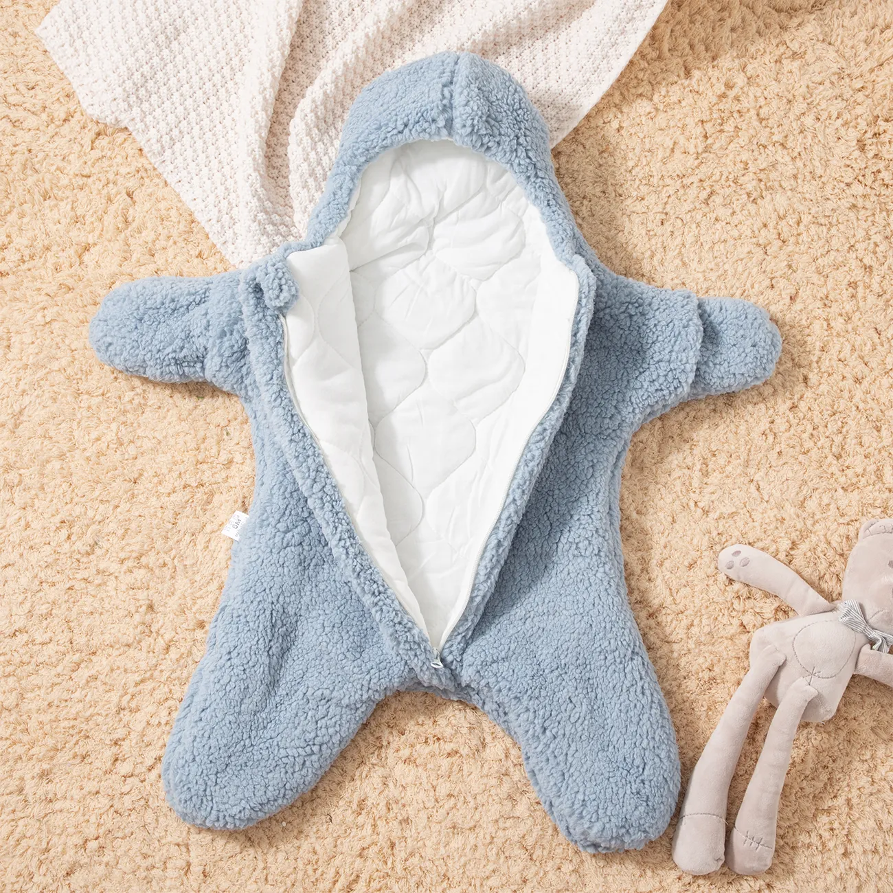 Thickened Baby Sheepskin Sleeping Bag with Cotton Lining and Faux Sheepskin Outer Layer Blue image 3