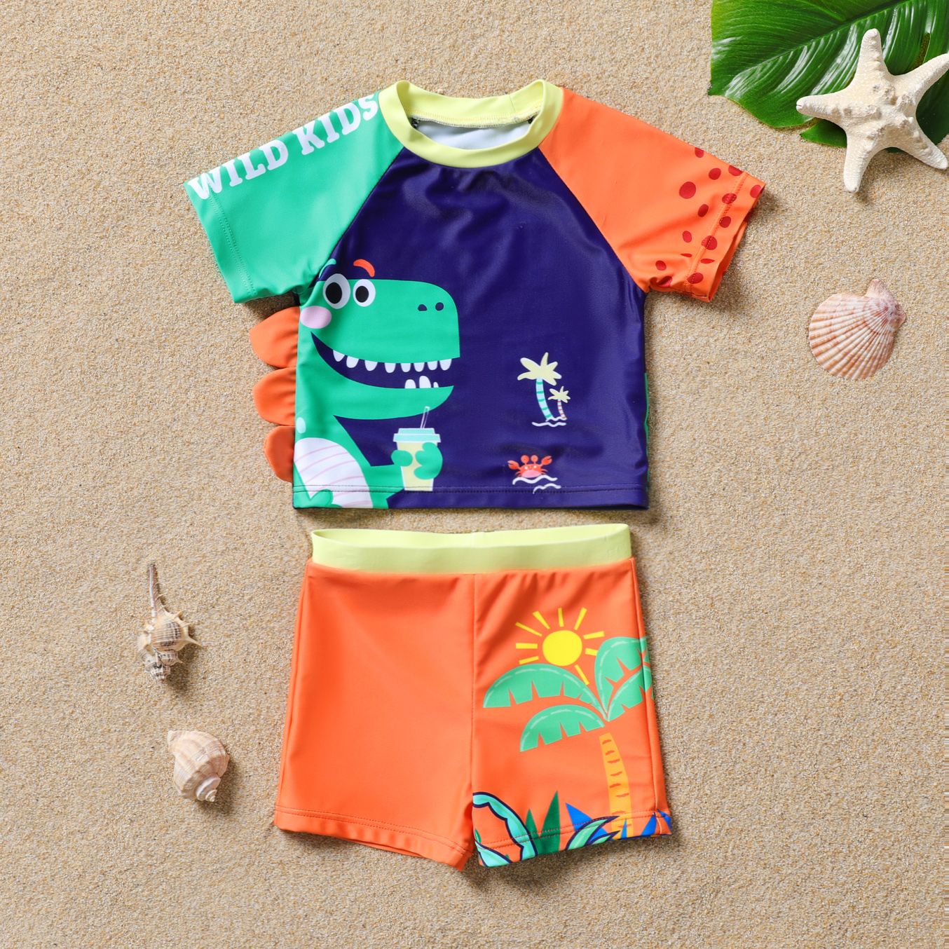 

2pcs Baby Boy Dinosaur Print Color Block Short-sleeve Top and Swim Trunks Set