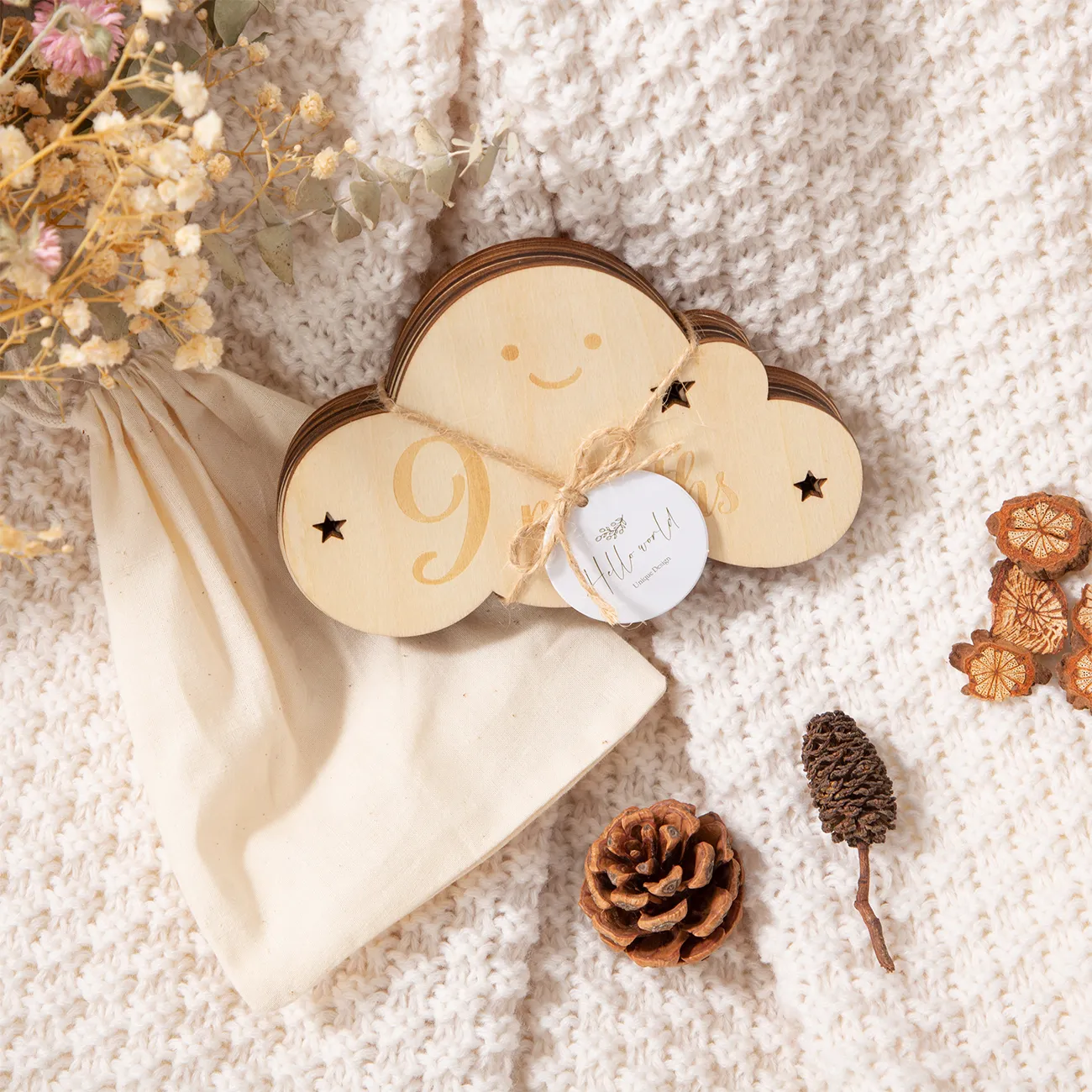 8pcs Wooden Cloud Milestone Photography Props Set Beige image 2