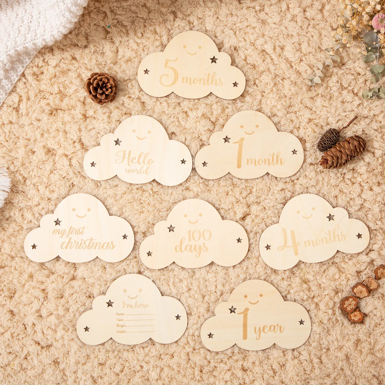 8pcs Wooden Cloud Milestone Photography Props Set Beige image 4