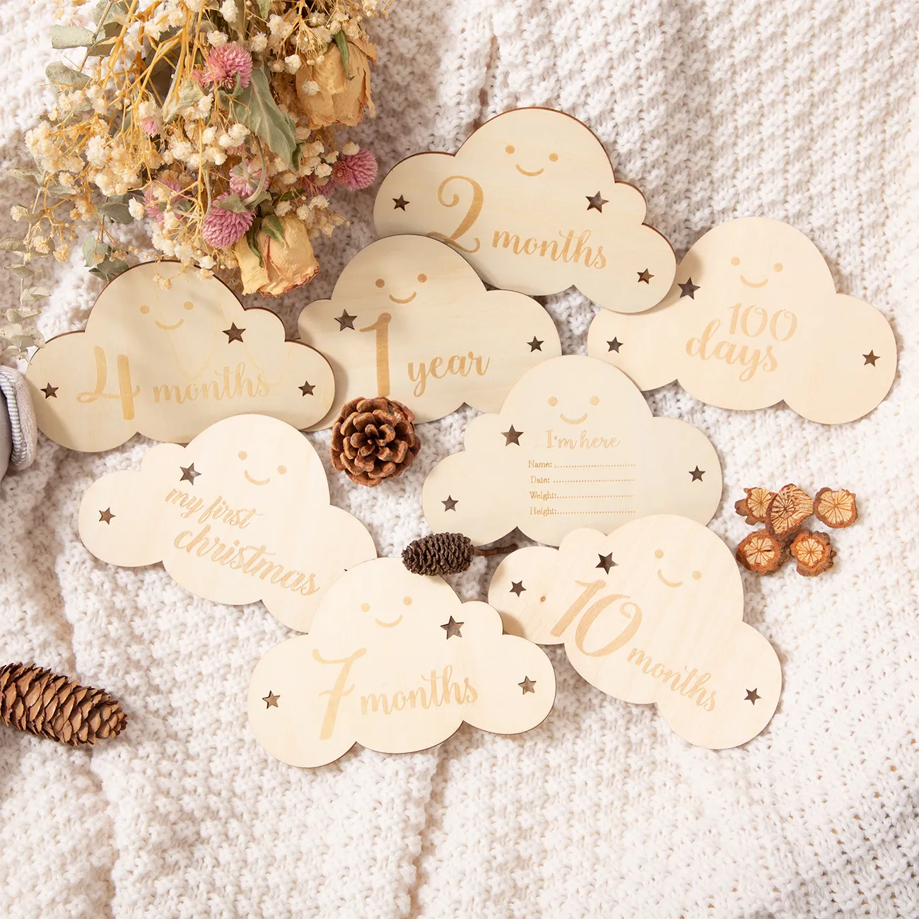 8pcs Wooden Cloud Milestone Photography Props Set Beige big image 1