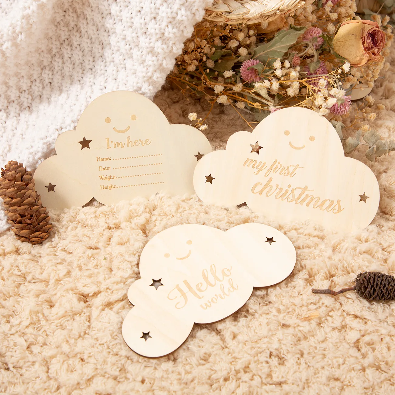8pcs Wooden Cloud Milestone Photography Props Set Beige image 3