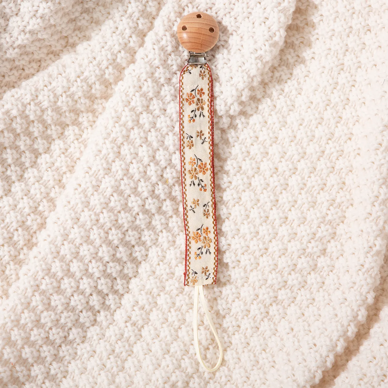 20cm Jujube Wood Embroidered Pacifier Clip With Lace, Baby Teething Toy And Anti-Drop Rope